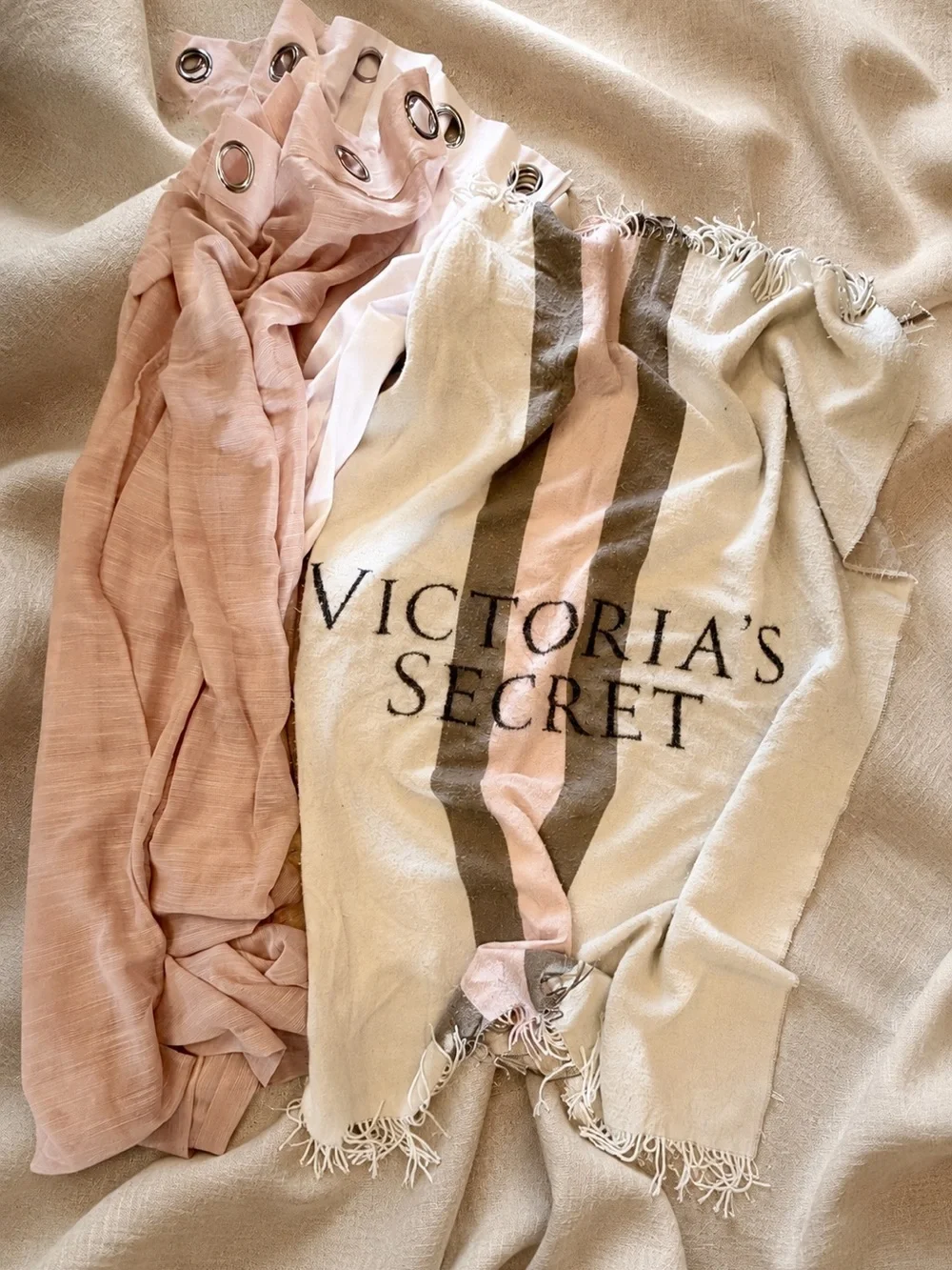 Coquette Blush Linen & White Grommet Curtain Set 62” + Victoria’s Secret Throw
